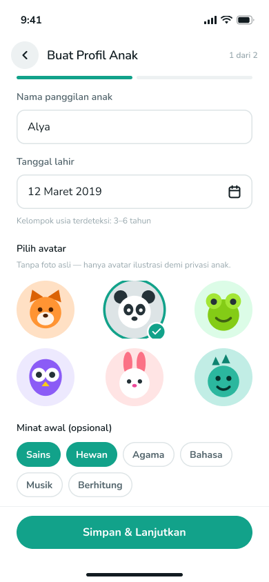 Layar Buat Profil Anak: nama, tanggal lahir, avatar ilustrasi, dan chip minat
