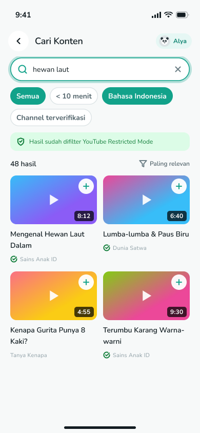 Layar Cari Konten: pencarian video, filter Restricted Mode, dan hasil kurasi orang tua