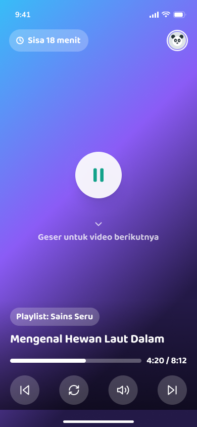 Layar Video Feed anak: player vertikal, sisa waktu, tanpa pencarian atau tautan keluar